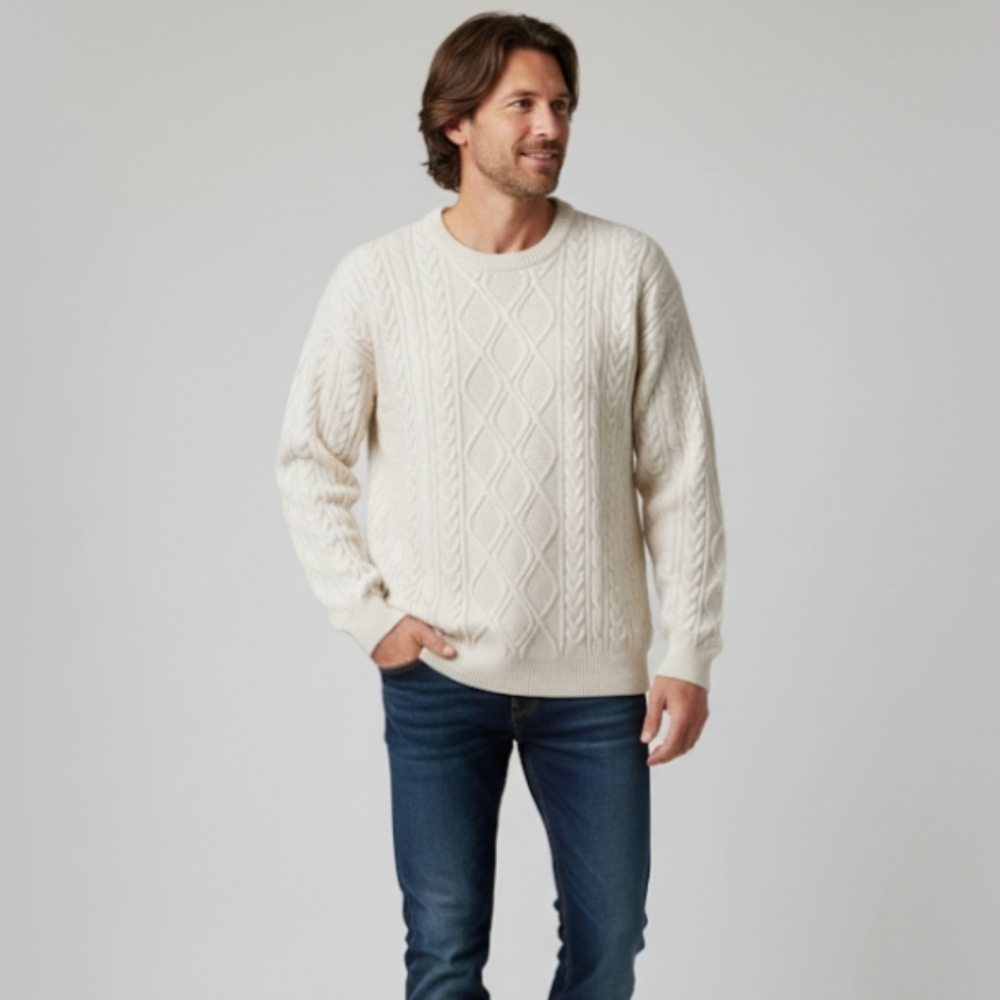 Aelfric Eden Men's Fisherman Cable Knit Sweater Cream Size Medium